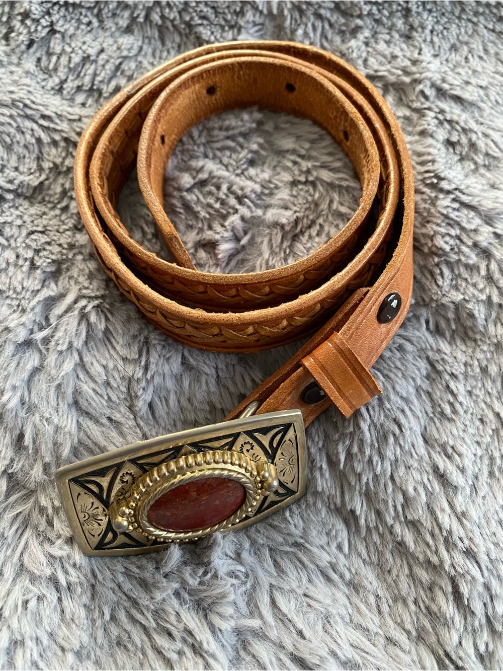 Tan Leather Western Belt with Ornate Stone Buckle